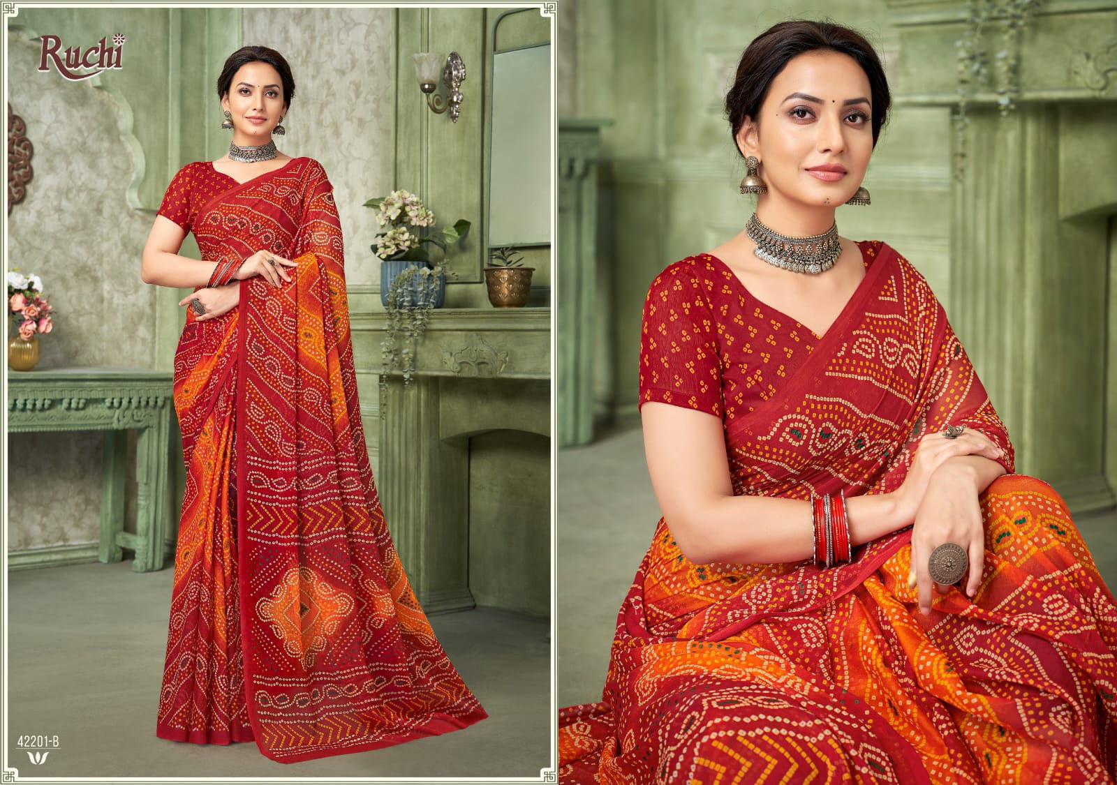 Star Chiffon Vol 193 By Ruchi Chiffon Bandhani Daily Wear Saree Suppliers In India